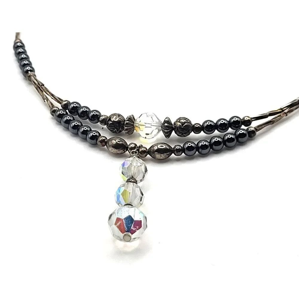 Artisan Hematite Sterling Silver AB Crystal Y Drop Double Layer Necklace 19in